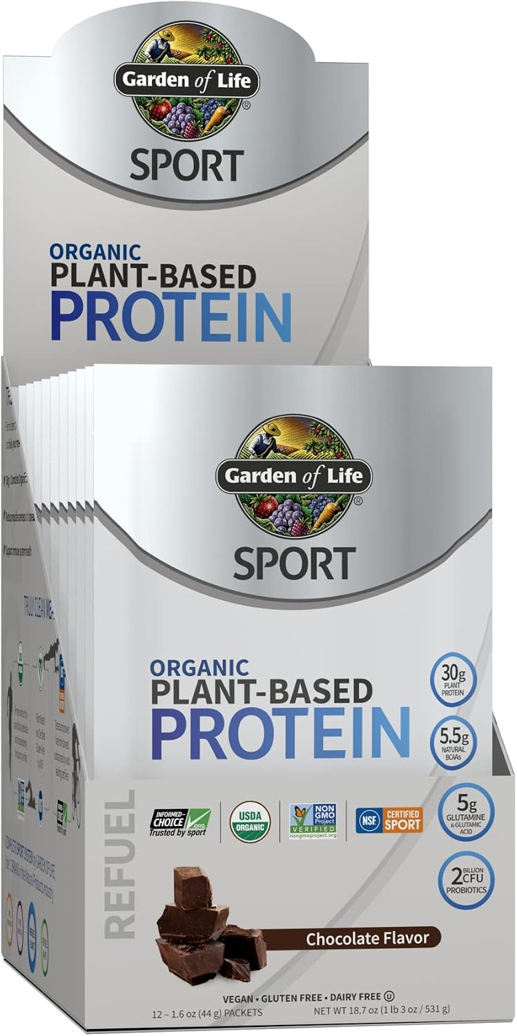 Garden of Life Sport Organic Plant Based Protein Powder Chocolate 12 Count Packets - 30g Premium Vegan Protein Powder for Women & Men per Serving, Plant BCAA Powder with Recovery Blend & Probiotics