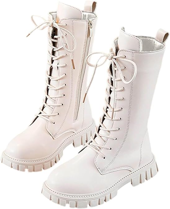Winter Boots for Girls 4-11 Years PU Leather Fleece Lined Warm Snow Boot Kids Lace-Up Side Zipper Mid Calf Boots