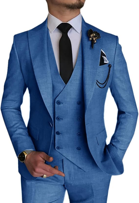 3 Piece Men's Suits Slim Fit Double Breasted Suit for Men One Button Solid Blazers Vest Pants Set Wedding Formal Suit