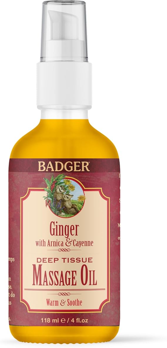 Badger Organic Ginger Massage Oil, 4 fl oz Glass Bottle