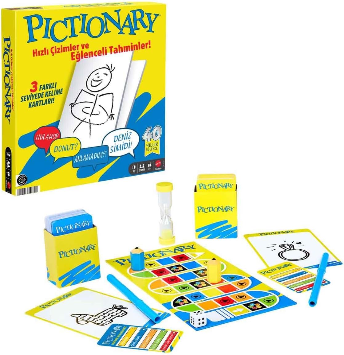 Mattel Games Pictionary kutu oyunu Çocuklar, yetişkinler, aileler ve oyun geceleri için 2 takımla oynanan, Türkçe kelime kartları, silinebilir kalemler, tahtalar ve kum saati, JKR18