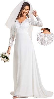 Ever-Pretty Womens Fall Long Sleeve Lace V Neck Wedding Dress with Train Bridal Gown 01925-PH
