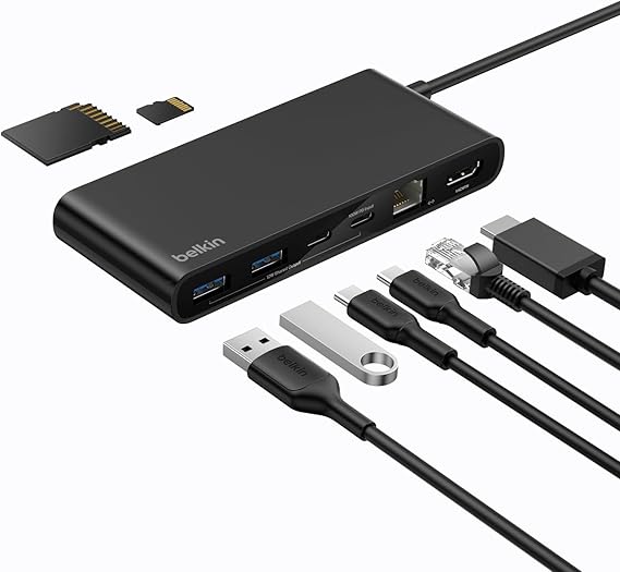 Belkin Connect 8-in-1 USB C Hub Screen Resolutions up to 4K@60Hz - Suitable for Mac Windows and Chromebook Laptops; 100W PD; 10Gbps Data Transfer; 2.5Gbps Ethernet - Black
