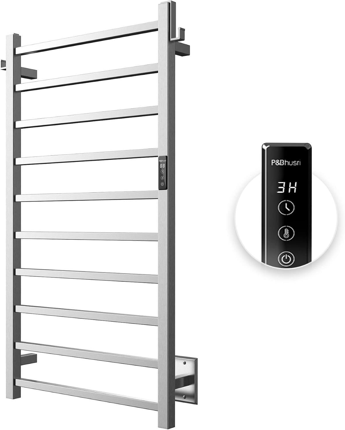 P&amp;Bhursri Heated Towel Rack, 10-Bar Towel Warmer Rack for Bathroom, Wall Mounted Towel Warmer, Electric Towel Drying Rack with Timer, Stainless Steel Brushed, Plug-inHard-Wired