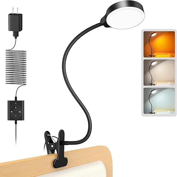 Glocusent 5W Clip on Light, 36 LED Eye Caring Reading Light for Bed, 3 Colors & 5 Brightness Clip on Lamp with Adapter, Perfect Desk Lamp with Clamp/Bunk Bed/Headboard/Table