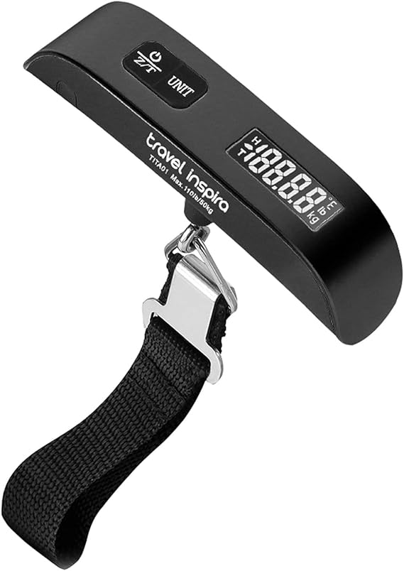 travel inspira Digital Luggage Scale Portable Hanging Suitcase Weight Scale for Travel, 110 lb Capacity, Backlit LCD Display, Prevents Airport Overweight Fees, Battery Included
