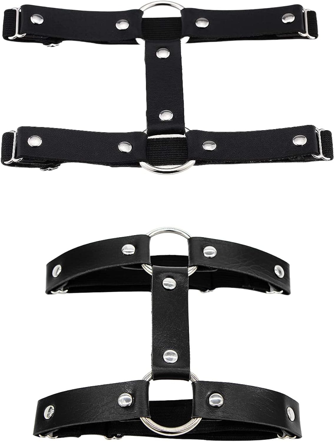 2Pcs Adjustable Elastic 2 Rows Leather Leg Harness Double Row Garters Punk Leather Thigh Ring Garter Belt for Women Ladies Girls Black