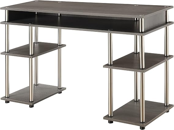 Convenience Concepts Designs2Go No Tools Desk Home Office Desk with Shelves, Corner Shelf Vanity Desk Computer Desk Nail Table for Nail Tech - 47.25" L x 15.75" W x 30" H, Charcoal Gray