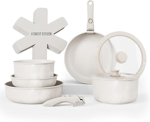 Country Kitchen 13 Piece Pots and Pans Set - Safe Nonstick Kitchen Cookware with Removable Handle, RV Cookware Set, Oven Safe (Diamond, Cream)