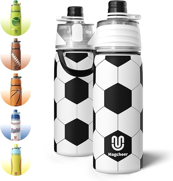 magcheer 600ml Insulated Football Spray Water Bottle for Kids | 3D Textured Metal Mist Water Bottle | Safety Lock Leakproof | BPA-Free | Dishwasher Safe | Ideal Gift for Boys & Girls