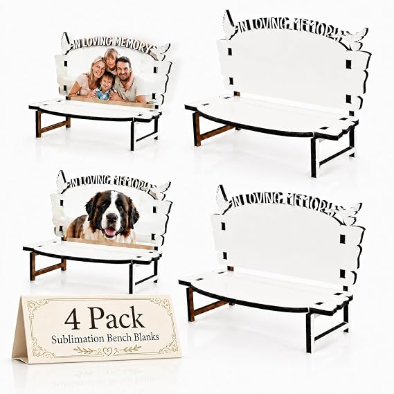 STOBOK 4Pcs Sublimation Bench Blanks, Wooden Photo Frame Ornament Heat Transfer White Bench Shaped Tabletop Display for Memorial Decor and DIY Keepsake Crafts, 7.09 x 11.02 x 5.71 in