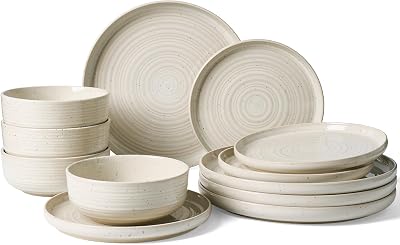 Stoneware Dinnerware Sets, Plate and Bowl Sets for 4, 12 Pieces Spiral Flared Dishware with Speckles and Reactive Glaze, Microwave Dishwasher Safe Family Tableware, Shell Beige