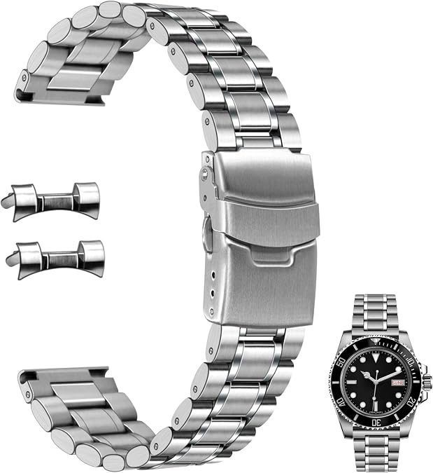 Juntan Stainless Steel Watch Strap 20mm 22mm Curved End Straight End for Men Women Metal Watch Band Quick Release Replacement Bracelet with Double Folding Buckle Silver Black