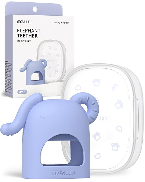 Moyuum Silicone Elephant Grip Hand Teether Toy | Made in Korea, Provides Teething Relief, Wearable Teether is Easy to Hold, Drop Resistant with Adjustable Wrist Strap, Babies 3+ Months, Blue