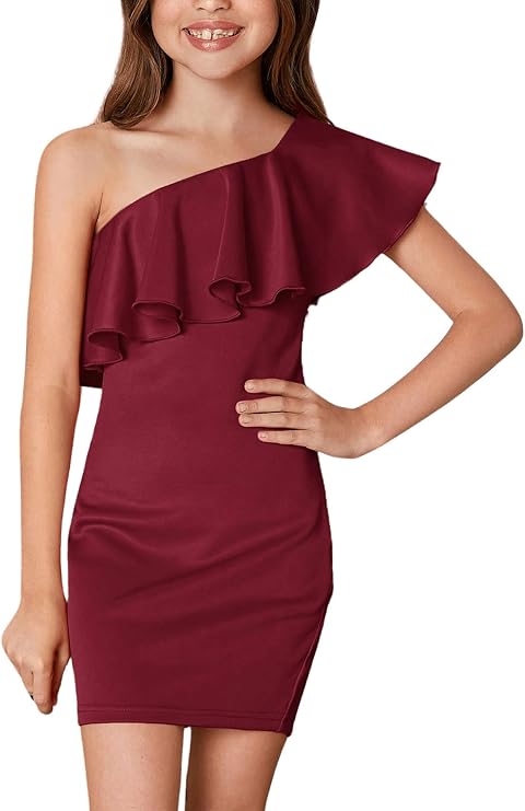WDIRARA Girl's One Shoulder Ruffle Trim Flounce Sleeve Pencil Party Birthday Dress