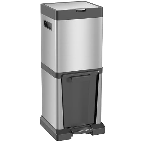 HOMCOM Dual Kitchen Bin, 20+14L Double Bin for Recycling and Waste, Stainless Steel Vertical Pedal with Tilt Out, Soft-Close Lid, Removable Inner Buckets and Handles, Silver