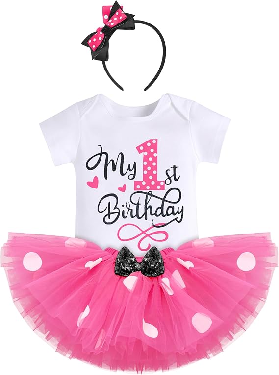 IBTOM CASTLE Baby Girls One 1st 2nd 3rd Birthday Outfit Polka Dots Romper Tutu Dress Headband Princess Skirt Set Photo Shoot