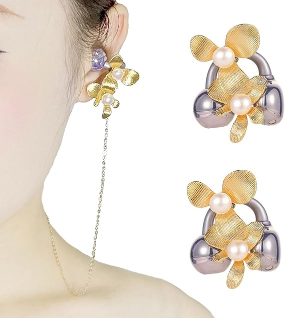 Three-Leaf Flower Clip on Earbuds Open Ear Accessories,Super Shiny Decoration, Elegant Zirconia Decorative Earphone Accessories, Removable Exquisite DIY Decoration for Women