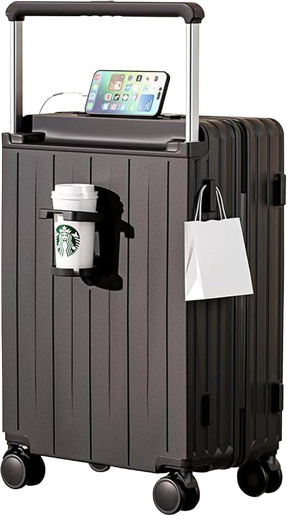 FREEFLY Hard Shell Suitcase Medium Cabin Suitcase Carry on Luggage Suitcase 4 Wheels Best Lightweight Suitcase with Cup Holder USB Charging Port,Black,20in