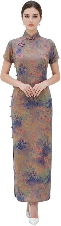 HangErFeng Xiangyunsha Silk Qipao Dress Romantic Peach Blossom Print Wave Collar Elegant Cheongsam 3938