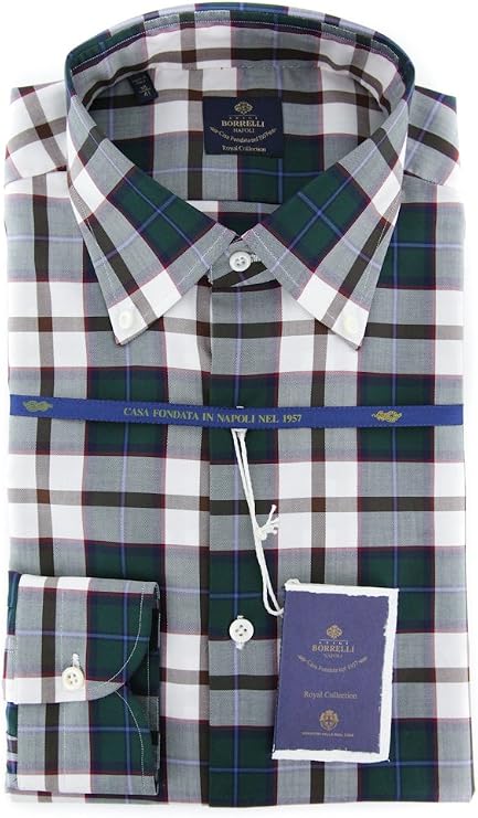 Luigi Borrelli Green Plaid Button Down Button-Down Collar 100% Cotton Extra Slim Fit Dress Shirt, Size Large 16.5