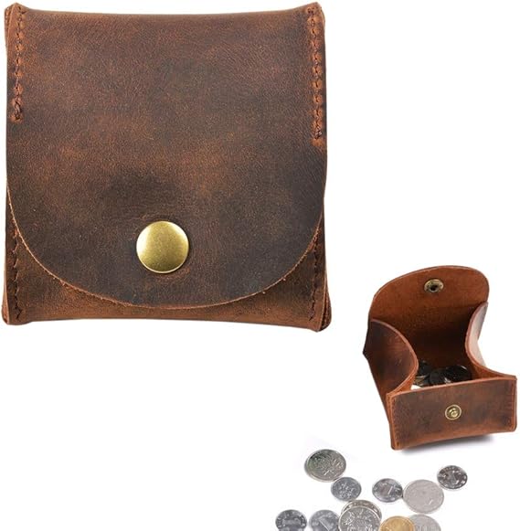 Rustic Leather Moon Pocket Coin Case Genuine Leather Squeeze Coin Purse Pouch Change Holder Tray Purse Wallet for Men & Women - Brown