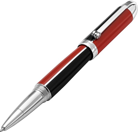 Xezo Visionary Brass and Aluminum Rollerball Pen, Fine Point. Hand Lacquered in Red and Black. Numbered in Limited Edition of 500. Classic Art Deco Color Disposition, Retrofuturistic Body Style