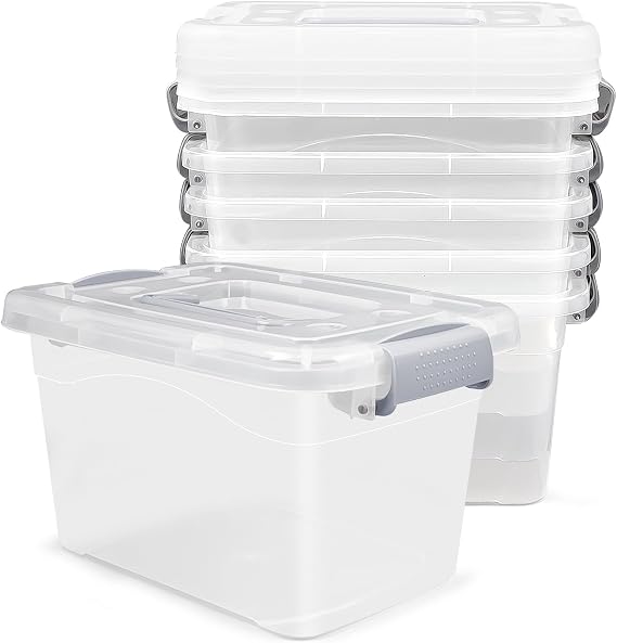 6 Pack 10L Plastic Storage Box with Lid, Clear Storage Organizer Bins with Latching Handle, 27 x 20 x 16.5 cm Stackable Storage Boxes, Multipurpose Storage Box for Home, Office, Accessories