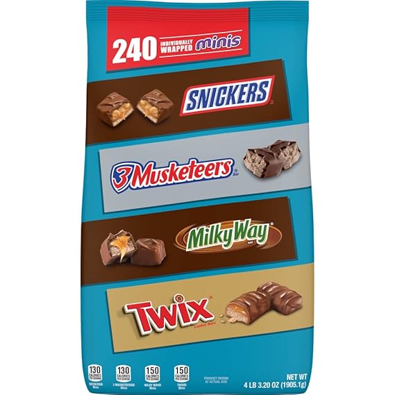 Mars SNICKERS, TWIX, 3 MUSKETEERS & MILKY WAY Individually Wrapped Variety Pack Minis Chocolate Candy Bars Bulk Assortment, 67.2 oz Bag