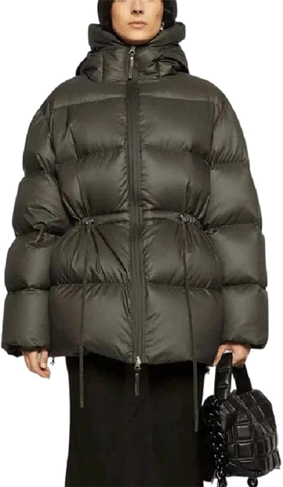 Women's Loose Fit Down Jacket Windproof Hooded Puffer Coat Fashion Belted Style Warm Thick Outerwear