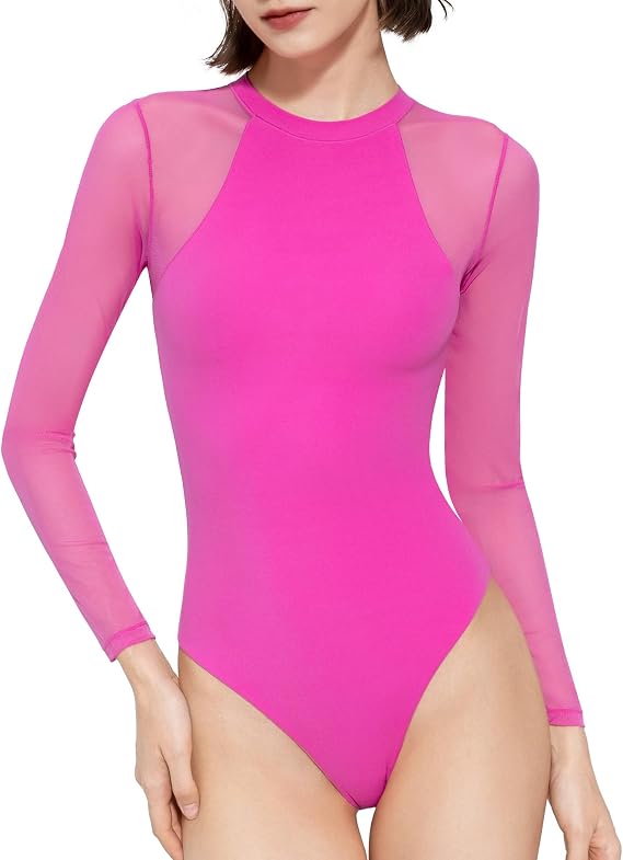 PUMIEY Mesh Long Sleeve Bodysuit for Women Crew Neck Body Suits Sexy Sheer Tops Smoke Cloud Collection