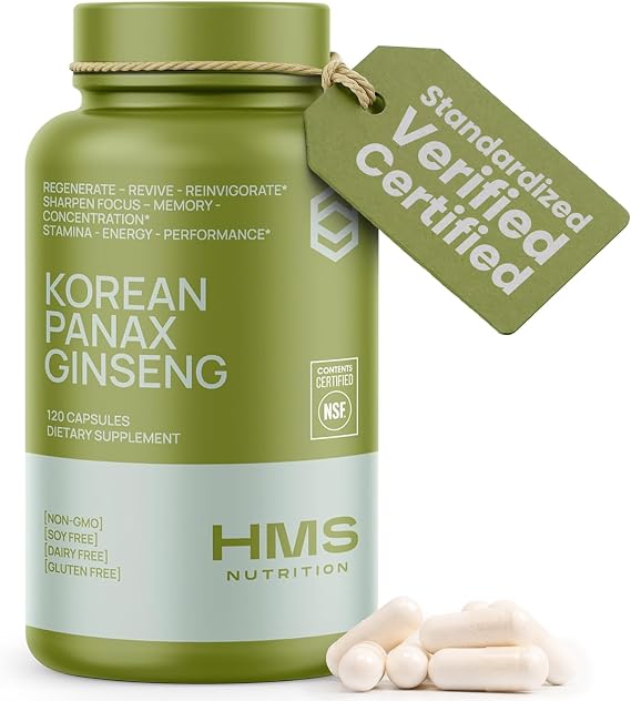 HMS Nutrition Korean Red Panax Ginseng 2000mg Supplement 120 Vegan Capsules, Max Strength Ginsenosides, NSF Certified Extract for Energy, Stamina, Focus, Performance & Immune Support