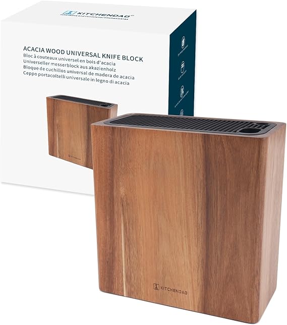 KITCHENDAO XL Acacia Wood Universal Knife Block Holder for Scissors and Sharpening Rod - Knife Holder for Safe Space Saving Knife Storage - Unique Slot Design to Protect Blade