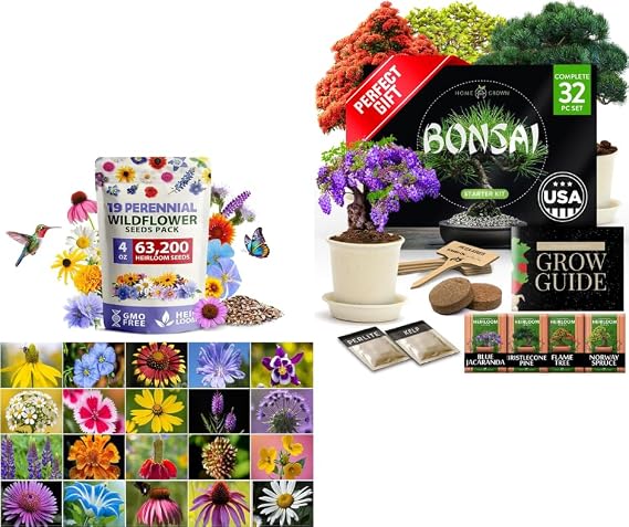 HOME GROWN USA PREMIUM Wildflower Seeds Bulk 4 oz 63,200 & Bonsai Tree Kit USA Gifts for Men & Women - Grow 4 Bonsai