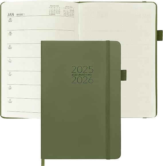 TIIKKASI 2025 July - 2026 June Academic Planner Weekly Monthly 5.75'' x 8.5'' - Two Pages Per Week - Dotted Journal for Women Teacher Student, Vegan Leather Bound Hardcover - Macha Green