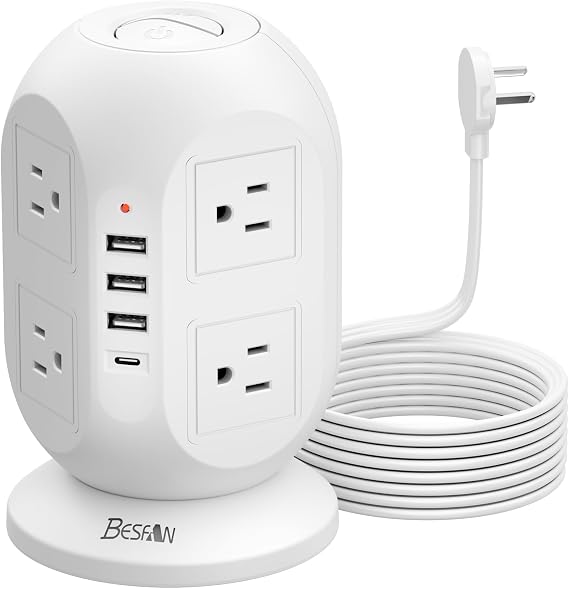 Tower Surge Protector Power Strip 10 ft with 8 Outlets 4 USB Ports(1 USB C), Flat Plug Extension Cord with Multiple Outlets Charging Station for Home Office Dorm, White