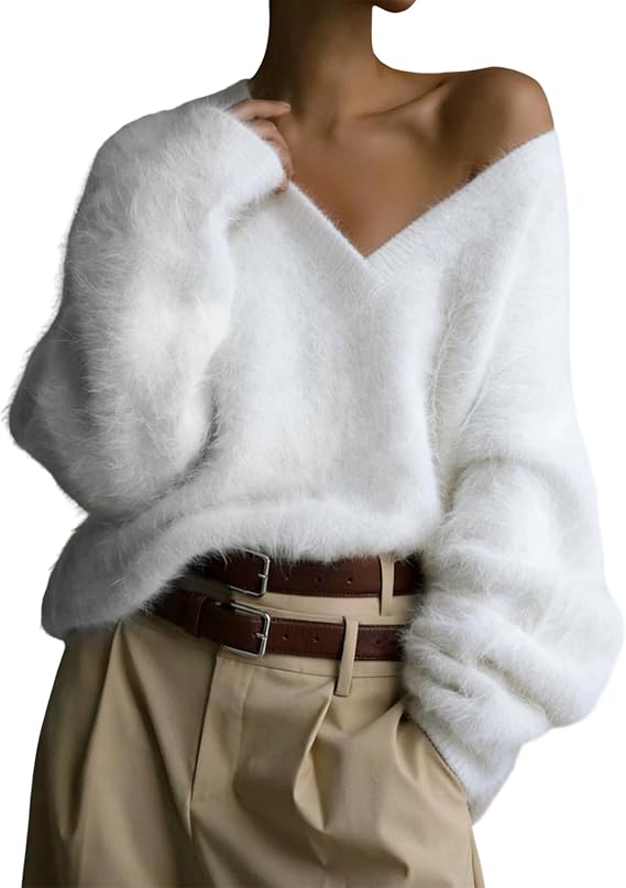 Yimoon Fuzzy Sweater for Women V Neck Fluffy Pullover Sweater