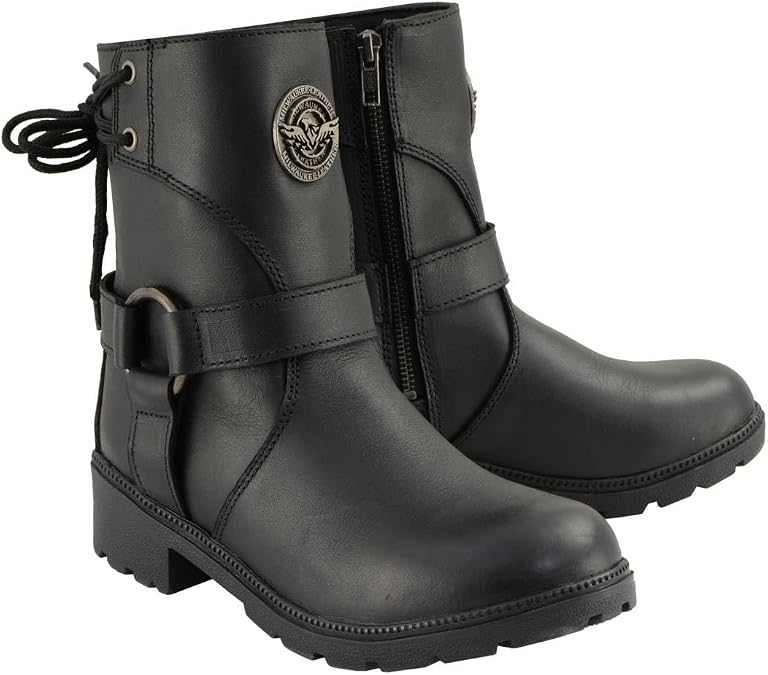Milwaukee Leather MBL9313 Women's Black Leather Harness Zip-Up Motorcycle Rider Boots w/Back Laces