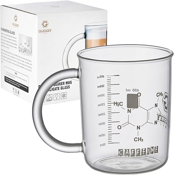GLASKEY Coffee Beaker Mug, 400ml Anti-Dripping Borosilicate Caffeine Mug, Science Decor, Cool Coffee Mug with Handle,Science Chemistry Gifts,Measuring for Tea, Latte, Hot and Cold Beverage
