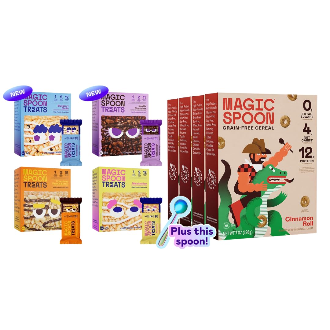Magic Spoon Variety 4-Pack Treats 4 each of Marshmallow, Chocolate PB, Blueberry Muffin, Double Chocolate & 4-pack Cinnamon Roll Cereal - Low Carb, Keto Friendly, Gluten & Grain Free