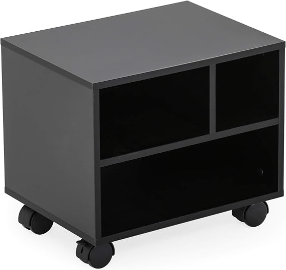 FITUEYES Mobile Printer Stand with Storage, Under Desk Black Wood Small Rolling Printer Table Work Cart with Wheels and 3 Compartment Organizer Spaces for Home Office, 15.7 x 11.8 x 13.8
