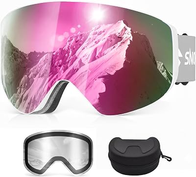 Snowalva Ski Goggles, Snowboard Goggles with 2 UV400 Anti-Fog Detachable Magnet Lenses for Men & Women Adult