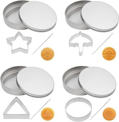 Korean Sugar Cookie Kit - 12 Pack 4 Shape Stainless Steel Molds with Needles & Storage Tins Stainless Steel Round, Star, Umbrella, Triangle Cookie Cutters for Korean Dalgona Candy Sugar Making