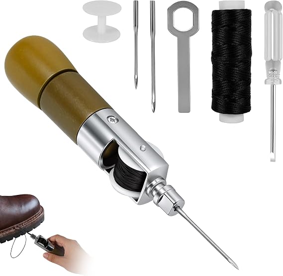 Leather Sewing Awl Kit, Heavy Duty Hand Stitcher with 2 Needles & Waxed Thread, Wooden Handle Lock Stitch Awl Tool for Leathercraft, Shoe, Canvas and Tent DIY Repair Craft(with Wrench)