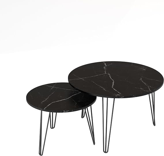 27.56'' Round Nesting Coffee Table Set of 2, Circular Nesting End Table Set, Round Marble Tabletop, and Sturdy Metal Base for Living Room, Bedroom, Black