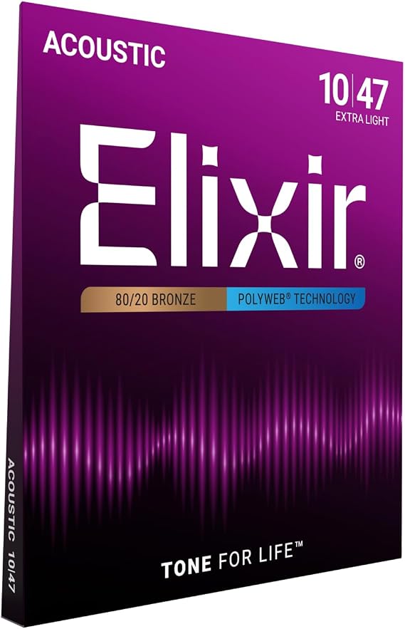 Elixir Strings, Acoustic Guitar Strings, 80/20 Bronze with POLYWEB Technology, Longest-Lasting Warm Tone with Comfortable Feel, 6 String Set, Extra Light 10-47