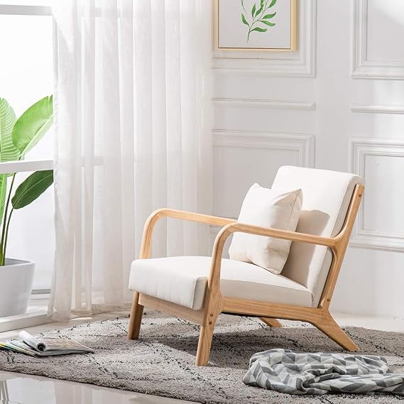 Comfortable Single Sofa Beige Cloth Fabric Sofa Chair Modern Wooden Lounge Chair Leisure Chair with Armrest and Backrest Padded Seat Cushion for Coffee Shop Living Room Bedroom(with Pillow)