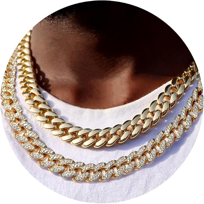 2PCS Cuban Link Chain for Men Women Miami Cuban Link Chain Necklace Gold Silver Plated Bling Diamond Chain Trendy Choker Chain Necklaces Jewelry for Men