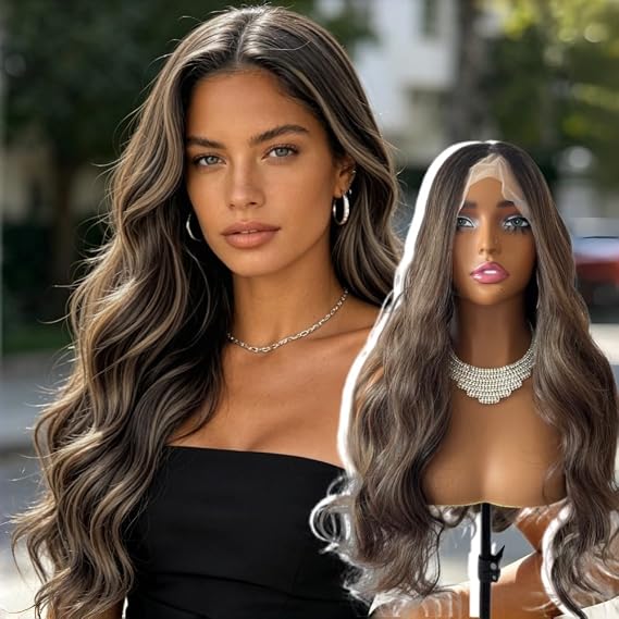 Mixed Ombre Brown Lace Front Wigs Pre plucked Frontal 13x4 HD Transparent Lace Natural Wave Long Wavy Synthetic Wigs for Black Women and White Women