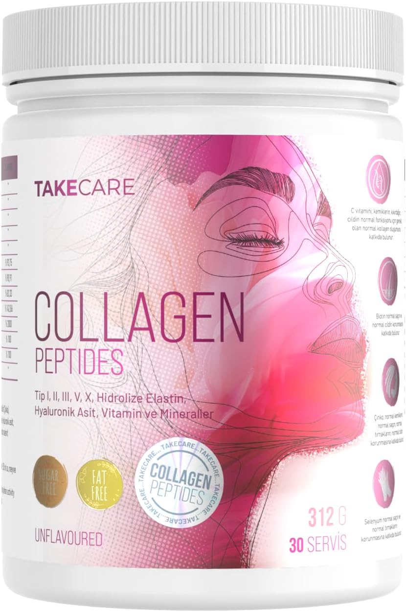 TAKECARE Type I, II, III, V, X Collagen, Hydrolyzed Elastin, Hyaluronic Acid, Flavored Powder Collagen 312 gr containing Vitamins and Minerals